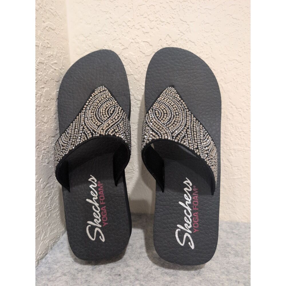 Womens US Sz 10 Black Skechers Yoga Foam 31614 Rhinestone Cushioned Sandals